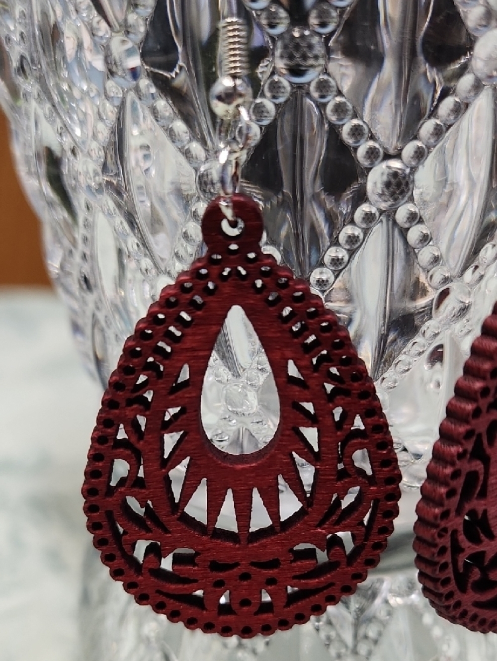 Burgundy Wooden Boho Earrings! - Picture 2 of 2